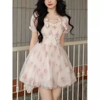 Летнее милое мини-платье с цветочным принтом, женское элегантное платье феи с французским принтом, женское корейское модное милое вечернее мини-платье, лето 2023 S розовый