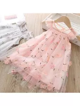 Летнее милое платье принцессы из кружевной сетки без рукавов с вышивкой для маленьких девочек M серый