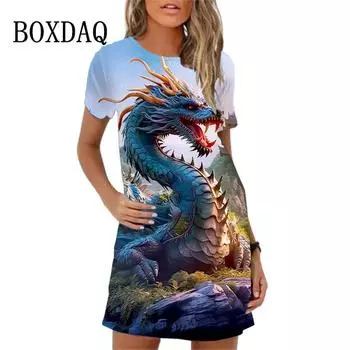 Летнее милое платье с мультяшным принтом, свободное мини-платье с коротким рукавом и круглым вырезом, повседневные женские платья с 3D-принтом дракона S