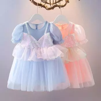 Летнее милое платье SequPrincess для маленьких девочек, пышная юбка из двух частей, кружевное платье с короткими рукавами и круглым вырезом 80