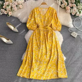 Летнее милое сказочное маленькое платье со свежим цветочным принтом, модное тонкое платье трапециевидной формы с v-образным вырезом и короткими рукавами на талии