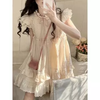 Летнее мини-платье Лолита Kawaii, женское милое милое японское платье с летающими рукавами, женское платье феи в корейском стиле со рюшами, новинка 2023 года S бежевый