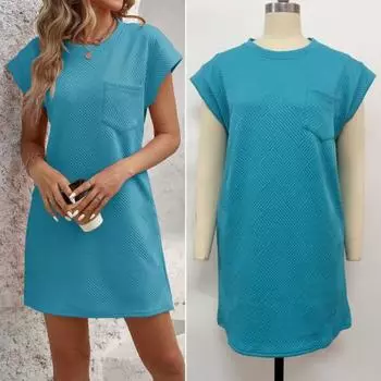 Летнее мини-платье с нагрудным карманом, круглым вырезом, короткими рукавами, однотонное платье, свободное текстурированное повседневное платье для ежедневных поездок на работу, свиданий, путешествий XL озеро синий