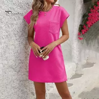 Летнее мини-платье с нагрудным карманом, круглым вырезом, короткими рукавами, однотонное платье, свободное текстурированное повседневное платье для ежедневных поездок на работу, свиданий, путешествий L чёрный