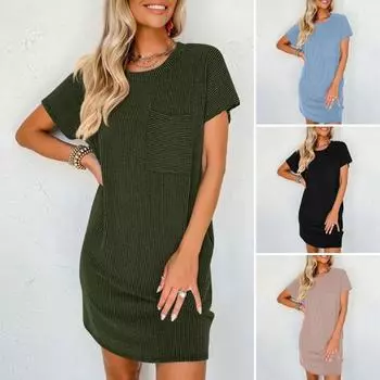 Летнее мини-платье с полосатой текстурой, однотонное, с короткими рукавами, круглым вырезом, свободным платьем с нагрудным карманом, женское повседневное платье S синий