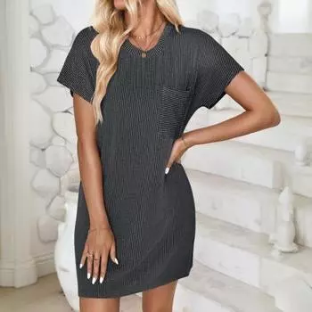 Летнее мини-платье с полосатой текстурой, однотонное, с короткими рукавами, круглым вырезом, свободным платьем с нагрудным карманом, женское повседневное платье S синий