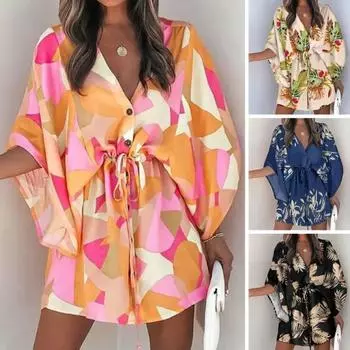 Летнее мини-платье с v-образным вырезом и летящими рукавами, однобортное повседневное пляжное праздничное платье с геометрическим принтом и завязками на талии XL чёрный