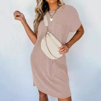 Летнее мини-платье Yousheng, полосатая фактура, однотонное, с короткими рукавами, круглым вырезом, свободным платьем с нагрудным карманом, женское повседневное платье S темно-серого