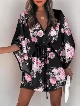 Летнее мини-платье женское с принтом, рукавами «летучая мышь», на шнуровке, с v-образным вырезом, свободные платья на пуговицах, женское пляжное вечернее платье S