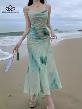 Летнее модное элегантное зеленое платье-комбинация с открытой спиной и принтом, женское длинное сексуальное вечернее платье для отдыха, плиссированные платья, шикарное винтажное платье в стиле бохо S зелёный
