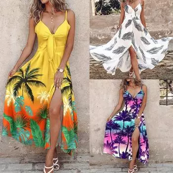 Летнее модное длинное платье с цветочным принтом в стиле бохо для женщин, пляжный стиль, сексуальное платье с v-образным вырезом на бретельках и разрезом, повседневное праздничное платье