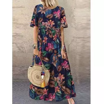 Летнее модное длинное платье с принтом, женское повседневное свободное хлопковое платье с круглым вырезом и коротким рукавом XXXXXL белый