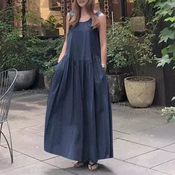Летнее модное джинсовое платье с имитацией джинсов, женское свободное длинное платье без рукавов с круглым вырезом