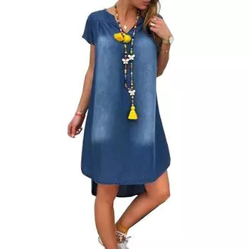 Летнее модное джинсовое платье, женское элегантное свободное платье больших размеров, синее вечернее платье с коротким рукавом, женские повседневные винтажные платья с v-образным вырезом 959 S синий