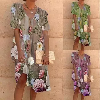 Летнее модное хлопковое льняное платье с v-образным вырезом и рукавами-пузырьками L хаки