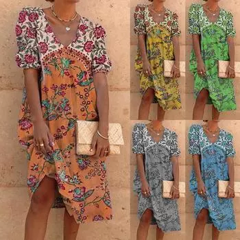 Летнее модное хлопковое льняное платье с v-образным вырезом и рукавами-пузырьками L синий