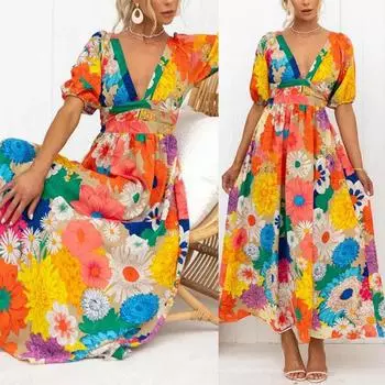 Летнее модное новое элегантное женское платье с v-образным вырезом и французским принтом, с объемными рукавами, длинное платье с лепестками цветов и ветров для отдыха и отпуска 2XL разноцветный