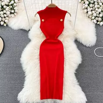 Летнее модное облегающее платье с воротником-стойкой и вырезом на груди, тонкое вязаное платье средней длины без рукавов с ягодицами