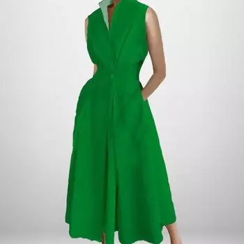 Летнее модное однотонное женское платье на пуговицах с v-образным вырезом S зелёный