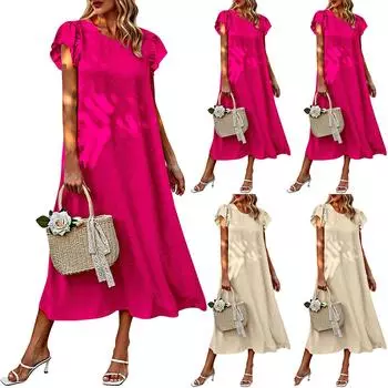 Летнее модное однотонное женское платье с круглым вырезом и рюшами на рукавах L бежевый