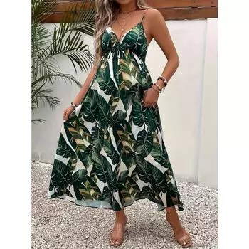 Летнее модное платье без рукавов с V-образным вырезом и принтом 1XL зелёный