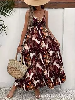 Летнее модное платье без рукавов с V-образным вырезом и принтом 1XL серый