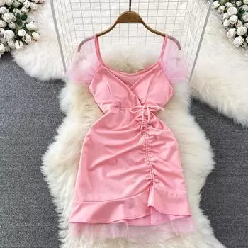 Летнее модное платье из двух частей с квадратным вырезом, плиссированной талией и тонким трапециевидным вырезом с оборками на бедрах для девочек