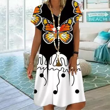 Летнее модное платье с v-образным вырезом, женское белое платье с короткими рукавами и принтом бабочек, свободное повседневное платье для женщин XS белый