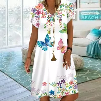 Летнее модное платье с v-образным вырезом, женское платье с коротким рукавом, розовое платье с принтом бабочек, свободное повседневное платье для женщин XS белый