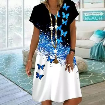 Летнее модное платье с v-образным вырезом, женское синее платье с короткими рукавами и принтом бабочек и песка, свободное повседневное платье для женщин XS красный