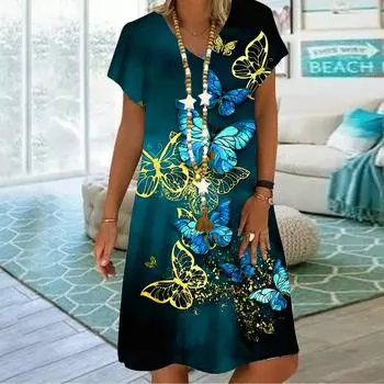 Летнее модное платье с v-образным вырезом, женское темно-зеленое платье с коротким рукавом и принтом бабочек, свободное повседневное платье для женщин XS темно-зеленого