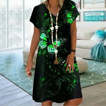 Летнее модное платье с v-образным вырезом, женское платье с коротким рукавом, зеленое платье с принтом бабочки, свободное повседневное платье для женщин XS фиолетовый