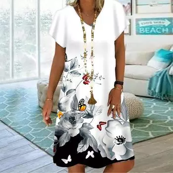 Летнее модное платье с v-образным вырезом, женское платье с коротким рукавом, фиолетовое платье с цветочным принтом и бабочкой, свободное повседневное платье для женщин XS фиолетовый