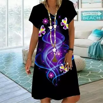 Летнее модное платье с v-образным вырезом, женское платье с коротким рукавом и изогнутым принтом бабочки, свободное повседневное платье для женщин XS фиолетовый