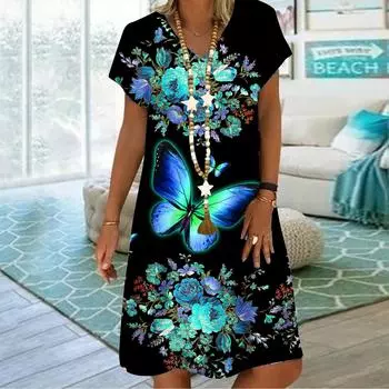 Летнее модное платье с v-образным вырезом, женское платье с коротким рукавом, синее платье с принтом бабочки и розы, свободное повседневное платье для женщин XS синий