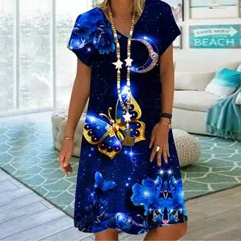 Летнее модное платье с v-образным вырезом, женское платье с коротким рукавом и принтом бабочки и луны, свободное повседневное платье для женщин XS фиолетовый