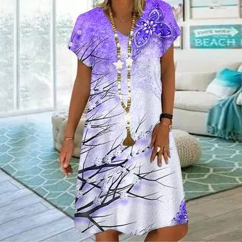 Летнее модное платье с v-образным вырезом, женское светло-фиолетовое платье с короткими рукавами и принтом цветов сливы, свободное повседневное платье для женщин XS фиолетовый