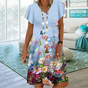 Летнее модное платье с v-образным вырезом, женское платье с коротким рукавом, белое платье с цветком персика, свободное повседневное платье для женщин XS синий