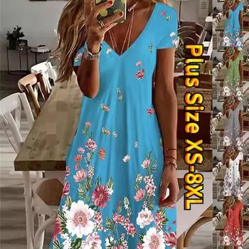 Летнее модное платье с v-образным вырезом, женское платье с коротким рукавом и красным цветочным принтом, свободное повседневное платье для женщин XS синий