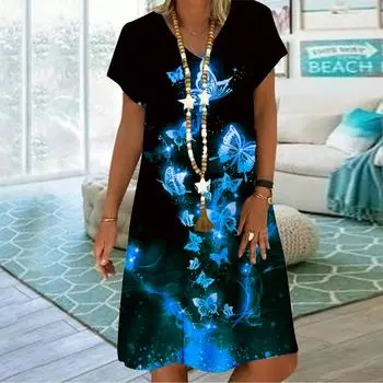 Летнее модное платье с v-образным вырезом, женское синее полое платье с короткими рукавами и принтом бабочек, свободное повседневное платье для женщин XS красный