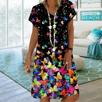 Летнее модное платье с v-образным вырезом, женское черное платье с коротким рукавом и принтом бабочки, свободное повседневное платье для женщин XS чёрный