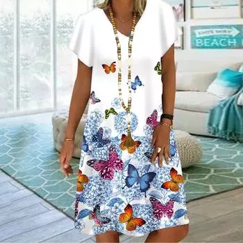 Летнее модное платье с v-образным вырезом, женское платье с коротким рукавом и принтом бабочки, свободное повседневное платье для женщин XS синий
