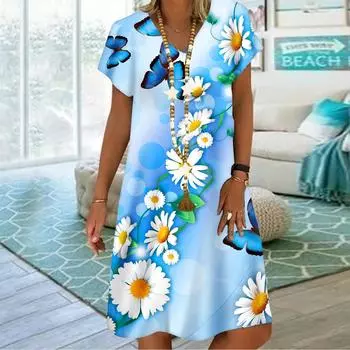 Летнее модное платье с v-образным вырезом, женское синее платье с коротким рукавом, красивое платье с принтом ромашек, свободное повседневное платье для женщин XS фиолетовый