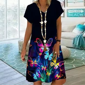 Летнее модное платье с v-образным вырезом, женское платье с коротким рукавом и принтом бабочки, свободное повседневное платье для женщин XS фиолетовый