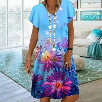 Летнее модное платье с v-образным вырезом, женское платье с коротким рукавом, синее платье с принтом хризантем, свободное повседневное платье для женщин XS синий