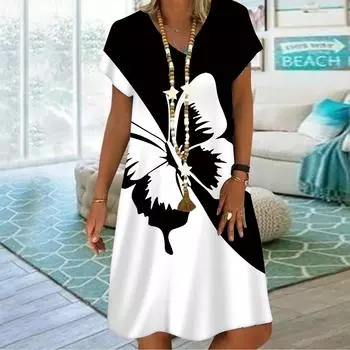 Летнее модное платье с v-образным вырезом, женское платье с коротким рукавом, белое пятнистое платье с принтом бабочки, свободное повседневное платье для женщин XS белый