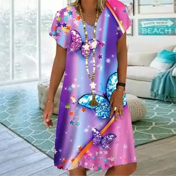 Летнее модное платье с v-образным вырезом, женское платье с коротким рукавом, фиолетовое платье с кристаллами и бабочкой, свободное повседневное платье для женщин XS фиолетовый