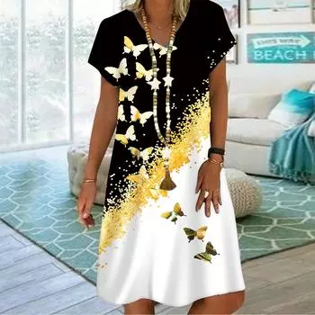 Летнее модное платье с v-образным вырезом, женское платье с коротким рукавом и принтом бабочек, свободное повседневное платье для женщин XS фиолетовый