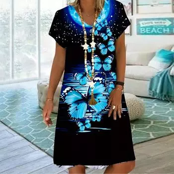 Летнее модное платье с v-образным вырезом, женское платье с коротким рукавом Shuibo с принтом бабочки, свободное повседневное платье для женщин XS фиолетовый