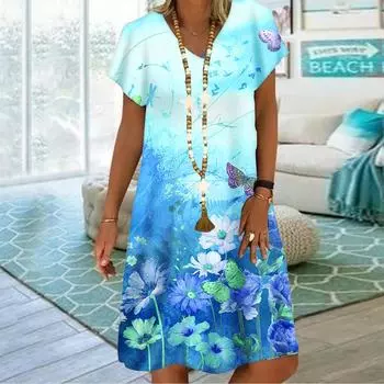 Летнее модное платье с v-образным вырезом, женское платье с короткими рукавами и принтом сливы и бабочки, свободное повседневное платье для женщин XS синий